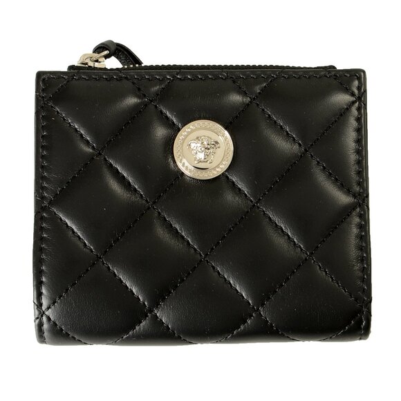 Versace Women's Black 100% Leather Quilted Card Case Compact Wallet - Picture 1 of 5